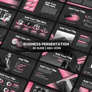 Peut inclure: Un modèle de présentation avec un schéma de couleurs noir et rose. Le modèle présente une variété de diapositives avec différentes mises en page et graphiques. Le texte sur les diapositives comprend les mots "Business Persentation", "60 Slide", "400+ Icon" et "Add Your Title".