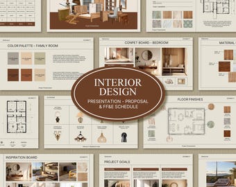 Bundle Clean Interior Design Presentation Template  | Project Proposal | FF&E Schedule | Editable Powerpoint and Canva