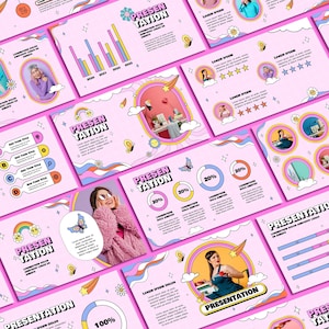 May include: A presentation template with a pink background and colourful illustrations. The template includes a title slide, a slide with a bar chart, a slide with a pie chart, and a slide with a list of bullet points. The text on the slides is in a playful font and includes the words "Presentation" and "Presen Tation".