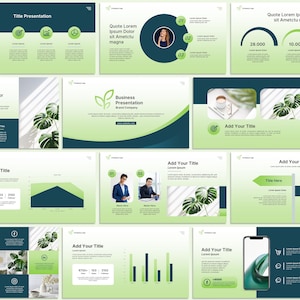 May include: A set of presentation slides with a green and blue gradient design. The slides include placeholders for titles, text, and images, such as charts, graphs, and a smartphone mockup. The overall theme is business and marketing.