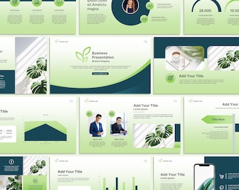 May include: A collection of presentation slides with a green and blue gradient design. The slides feature placeholders for titles, text, and images, including charts, graphs, and a smartphone mockup. The overall theme is business and marketing.