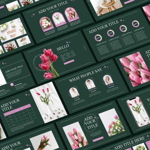 Pode incluir: Um conjunto de slides de apresentação verde escuro com elementos florais e de texto. Os slides apresentam tulipas cor-de-rosa, a palavra "HELLO" e espaços reservados para títulos e conteúdo. Alguns slides incluem gráficos e depoimentos de clientes.