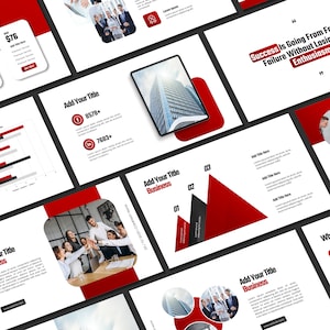 May include: A collection of business presentation slides with a modern design. The slides feature a red, black, and white color scheme, with charts, graphs, and images of buildings and business professionals. Text includes titles and data points.