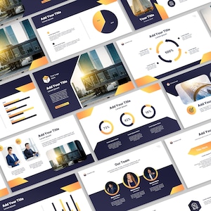 May include: A presentation template with a blue and yellow color scheme. The template features a variety of charts, graphs, and images. The text "Add Your Title" appears on several slides. The template is designed for business presentations.