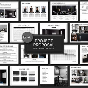 Könnte beinhalten: Eine schwarz-weiße Projektvorlage für Innenarchitektur. Die Vorlage enthält Abschnitte für den Projektnamen, die Kostenkalkulation, den Leistungsumfang, den Inhalt, die Musterliste, die Inspiration und Kundeninformationen. Die Vorlage enthält auch einen Abschnitt für den Designprozess und einen Abschnitt für das Team.
