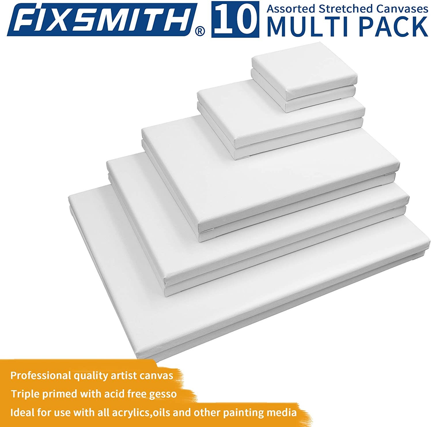 FIXSMITH 3x3 inch Mini Stretched Canvas Easel Set- Bulk Pack of 12 Small Stretched White Blank Canvas Panels & Wood Easels for Painting Craft Drawing