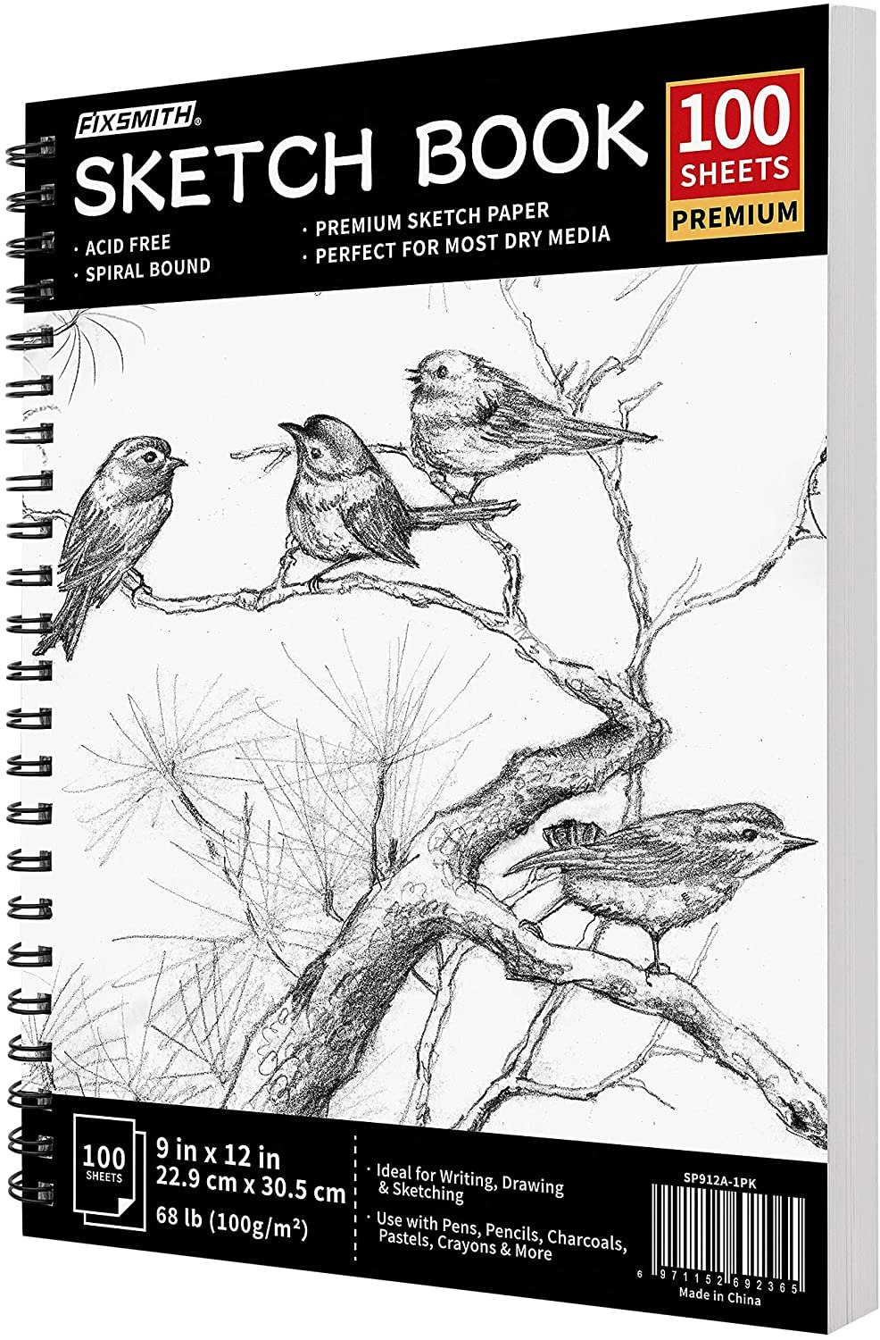 FIXSMITH 9x12 Sketch Book, 100 Sheets Durable Acid Free Drawing