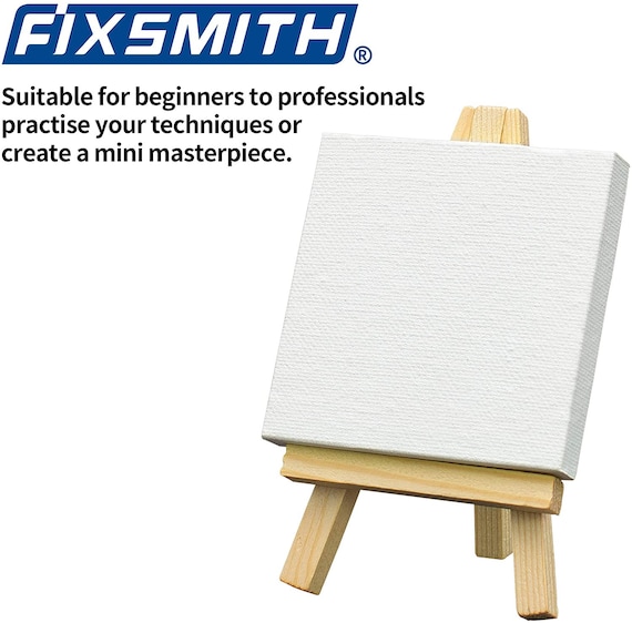 FIXSMITH 3x3 Inch Mini Stretched Canvas Easel Set Bulk Pack of 12,  Stretched White Blank Canvas Panels & Wood Easels 