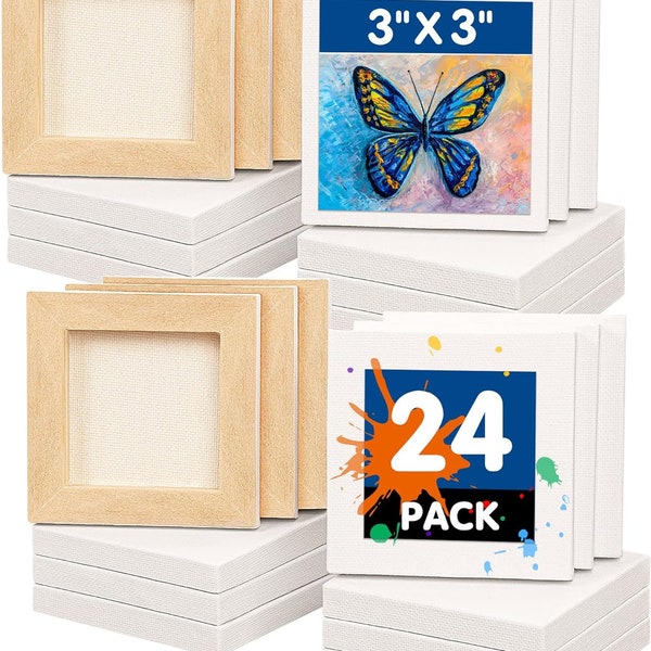 FIXSMITH Mini Stretched Canvas - 24 Pack 3 x 3 Inch, 2/5” Profile Small Square Canvases, 100% Cotton Art Primed Little Blank Canvas