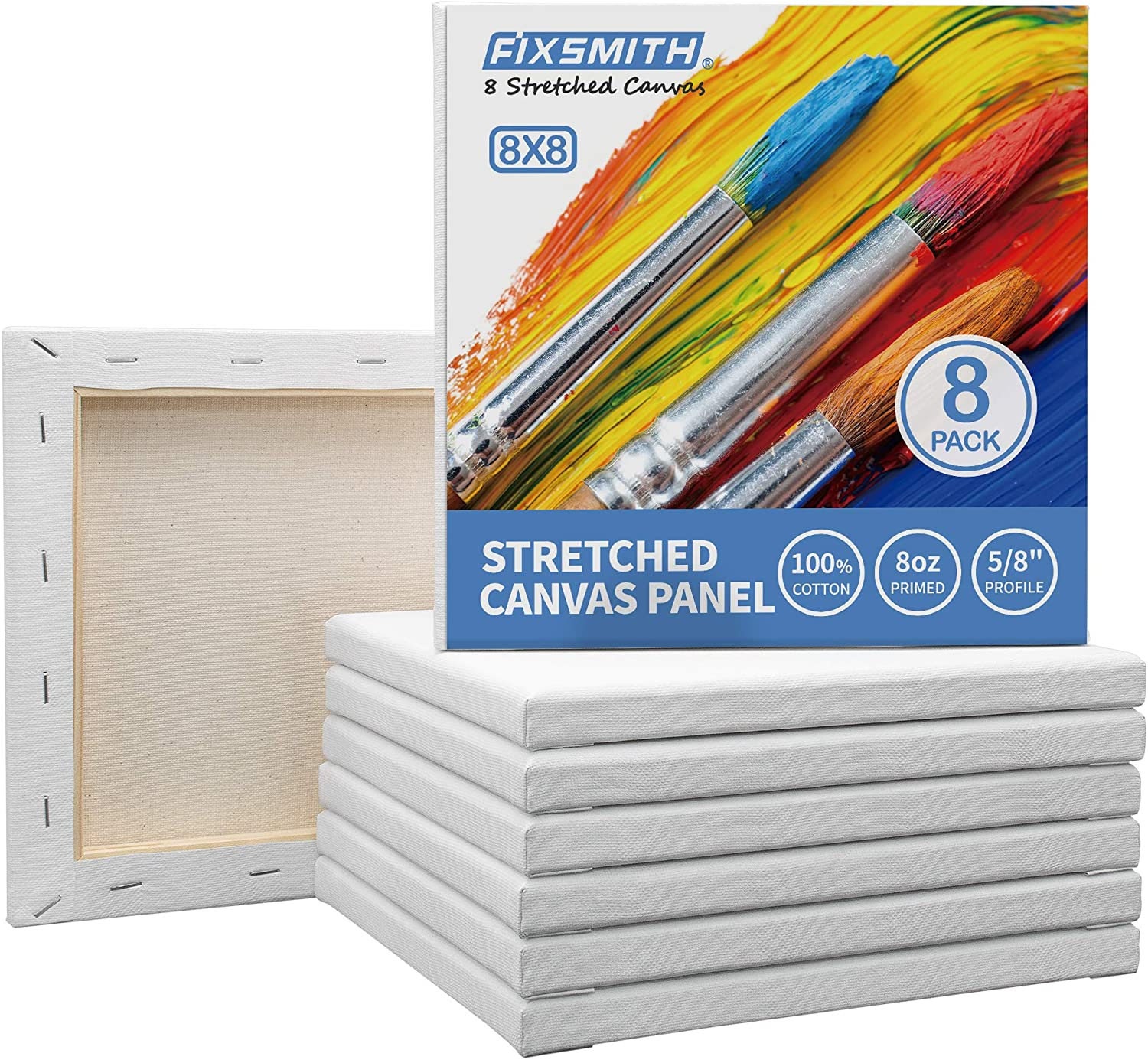 FIXSMITH Stretched White Blank Canvas 8 Pack, Primed,100% Cotton,5/8 Inch  Profile Value Pack for Acrylics, Oils & Others 