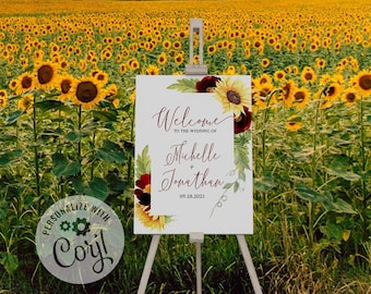 Rose and Sunflower Wedding Welcome Sign Template, Watercolor Burgundy Yellow Welcome To The Wedding Of Printable Poster - The Michelle