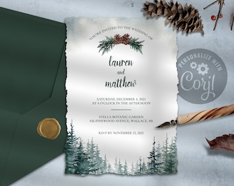 Op de afbeelding: Een huwelijksuitnodiging met een aquarel achtergrond van een bos scène. De uitnodiging is voor Lauren en Matthew en is gepland voor 4 december 2021 om 14:00 uur in Stella Botanic Garden in Wallace, MI. De RSVP datum is 15 november 2021.