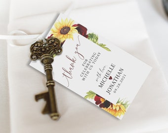 Rose and Sunflower Wedding Favor Tag For Guests Template, Yellow and Burgundy Gift Tag Printable - The Michelle