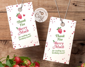 May include: Two white gift tags with red and pink confetti and a strawberry graphic. The text on the tags reads "Thank You Berry Much for making my birthday sweet!"