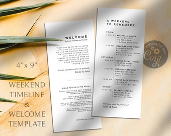 Weekend Wedding Itinerary Template, Wedding Weekend Timeline 4x9 Printable Editable, Destination Wedding Guest Welcome Card Schedule Outline