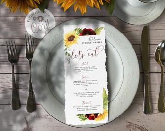 Rose und Sonnenblume Menü Vorlage, Aquarell Burgund Gelb Hochzeit Dinner Menü, Corjl bearbeitbare druckbare Datei - The Michelle
