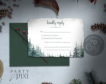 Pine Tree Wedding RSVP Template, Casual Printable Rustic Forest Wedding Reply Enclosure Card - The Lauren
