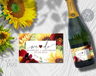 Rose and Sunflower Wedding Mini Champagne Bottle Label Template, We Do Heart, Barn Wedding 3x2 Editable Wine Label - The Michelle