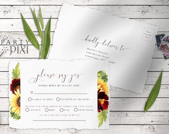 Rose and Sunflower RSVP Postcard, Watercolor Floral Reply Postcard Template, Instant Download Printable Card - The Michelle