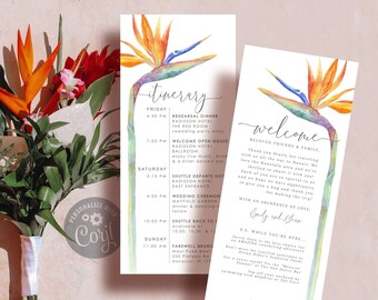 Destination Wedding Itinerary Template, Hawaiian Wedding Timeline Template, 4x9 Printable Editable Weekend Wedding Welcome Card - The Emily