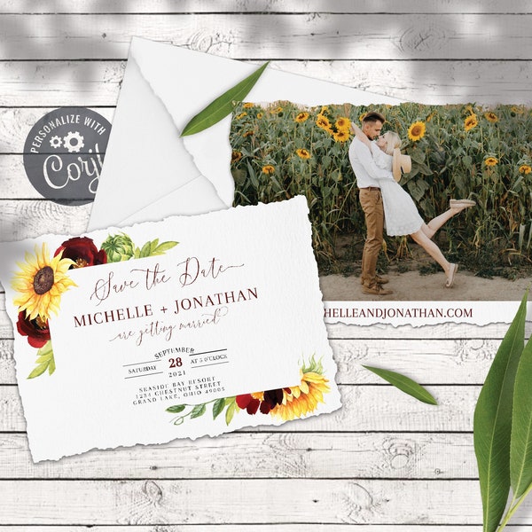 Rose and Sunflower Save The Date with Photo Template, Editable Watercolor Burgundy and Yellow Barn Wedding Printable - The Michelle