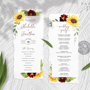May include: Wedding ceremony program with sunflowers and burgundy flowers. The program includes the wedding date, September 28, 2021, and the names of the bride and groom, Michelle and Jonathan. The program also includes the names of the wedding party members.