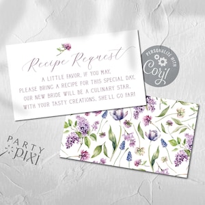 Frühlingsblumen Rezept Anfrage Beilegen Vorlage, Printable Bring eine Rezeptkarte Baby Shower Gehäuse Kartenvorlage, Lila Tulpen Muster Rückseite
