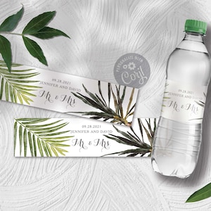 Tropical Wedding Water Bottle Label Template, Watercolor Fern Palm Tree Beverage Favor Label Printable Download File - The Jennifer