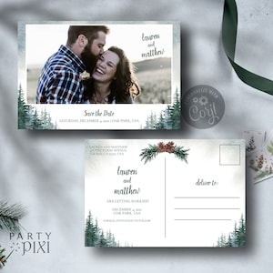 Rustique enregistrer le modèle de carte postale Date avec Photo, aquarelle forêt pins imprimable carte postale Photo de mariage - la Lauren