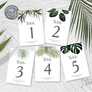 Tropical Wedding Table Numbers Template Set, Printable Monstera Fern Palm Tree Destination Wedding Table Number Sign Bundle - The Jennifer