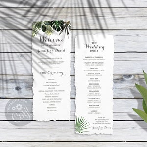 May include: A wedding ceremony program with a tropical theme. The program includes the order of events for the ceremony and a list of the wedding party members. The program is printed on a textured paper with a torn edge.