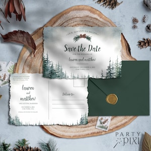 Pine Tree Wedding Save The Date Post Card Template, Casual Rustic Save The Date Printable - The Lauren
