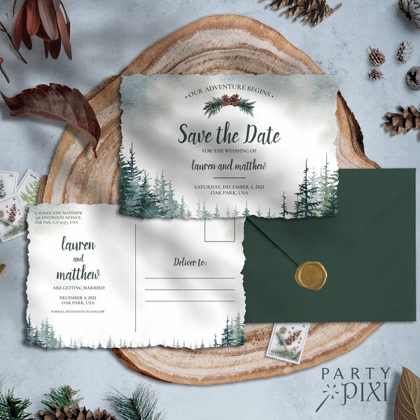Pine Tree Wedding Save The Date Post Card Template, Casual Rustic Save The Date Printable - The Lauren