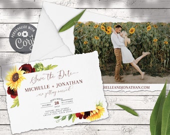 Rose and Sunflower Save The Date with Photo Template, Editable Watercolor Burgundy and Yellow Barn Wedding Printable - The Michelle