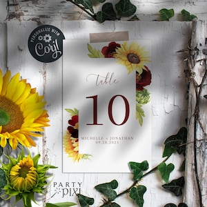 Rose and Sunflower Wedding Table Number Sign Template, Yellow and Burgundy Table Number Sign Printable The Michelle image 1