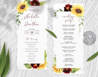 Rose and Sunflower Wedding Program Template, Yellow Burgundy Watercolor Floral Printable Wedding Program - The Michelle