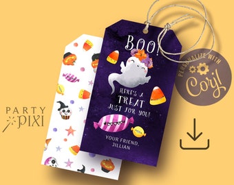 May include: Halloween-themed gift tags with a purple and white design. One tag features a ghost with the text "BOO! Here's a treat just for you!" and the name "Jillian." The other tag has a repeating pattern of Halloween candies and cupcakes.