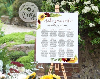 Rose and Sunflower Wedding Seating Chart Template, DIY Editable Burgundy Yellow Wedding Table Assignment Sign Printable - The Michelle