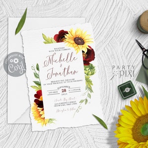 Rose and Sunflower Wedding Invitation Template, Burgundy Yellow Country Wedding Invite Printable Card - The Michelle