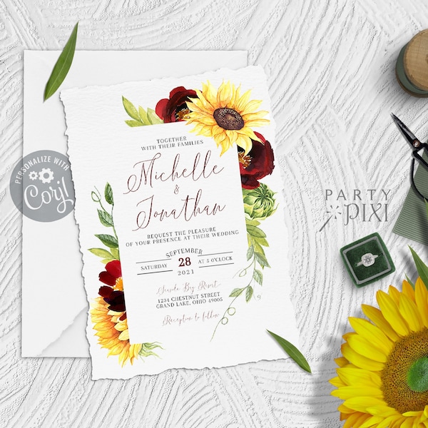Rose and Sunflower Wedding Invitation Template, Burgundy Yellow Country Wedding Invite Printable Card - The Michelle