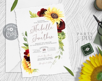 Rose and Sunflower Wedding Invitation Template, Burgundy Yellow Country Wedding Invite Printable Card - The Michelle