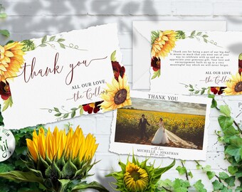 Rose & Sunflower Wedding Thank You Card Template with Photo Insert, Message, Flat or Folded Editable Printable Files - The Michelle