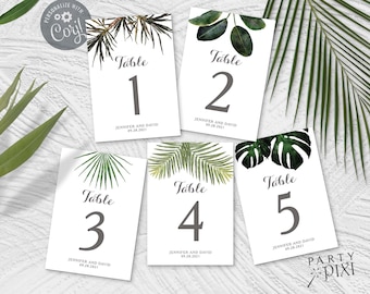 Tropical Wedding Table Numbers Template Set, Printable Monstera Fern Palm Tree Destination Wedding Table Number Sign Bundle - The Jennifer