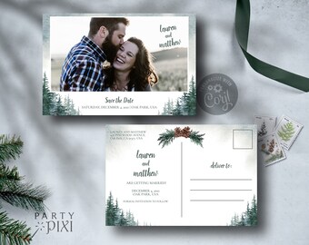 Rustic Save The Date Postcard Template with Photo, Watercolor Forest Pine Trees Printable Post Card Wedding Photo - The Lauren
