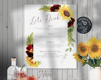 Rose and Sunflower Wedding Bar Sign Template, Let's Drink Burgundy Yellow Cocktail Menu Poster Printable - The Michelle