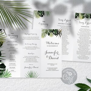 May include: Tropical wedding ceremony program with green foliage and floral designs. The program includes the wedding party, ceremony details, and song lyrics for "How Great Is Our God" and "13,000 Reasons".