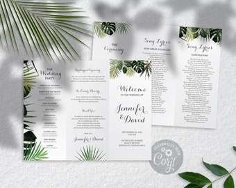 Tropical Trifold Wedding Program Template, Corjl Printable Monstera Fern Destination Wedding Folded Program - The Jennifer