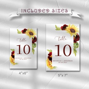 Rose and Sunflower Wedding Table Number Sign Template, Yellow and Burgundy Table Number Sign Printable The Michelle image 3