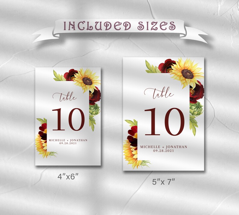 Rose and Sunflower Wedding Table Number Sign Template, Yellow and Burgundy Table Number Sign Printable The Michelle image 3