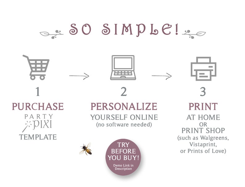 May include: A diagram showing the three steps to personalize a printable party template: purchase, personalize online, and print at home or at a print shop. The text "SO SIMPLE!" is at the top of the diagram. The text "TRY BEFORE YOU BUY!" is in a circle with a bee illustration.